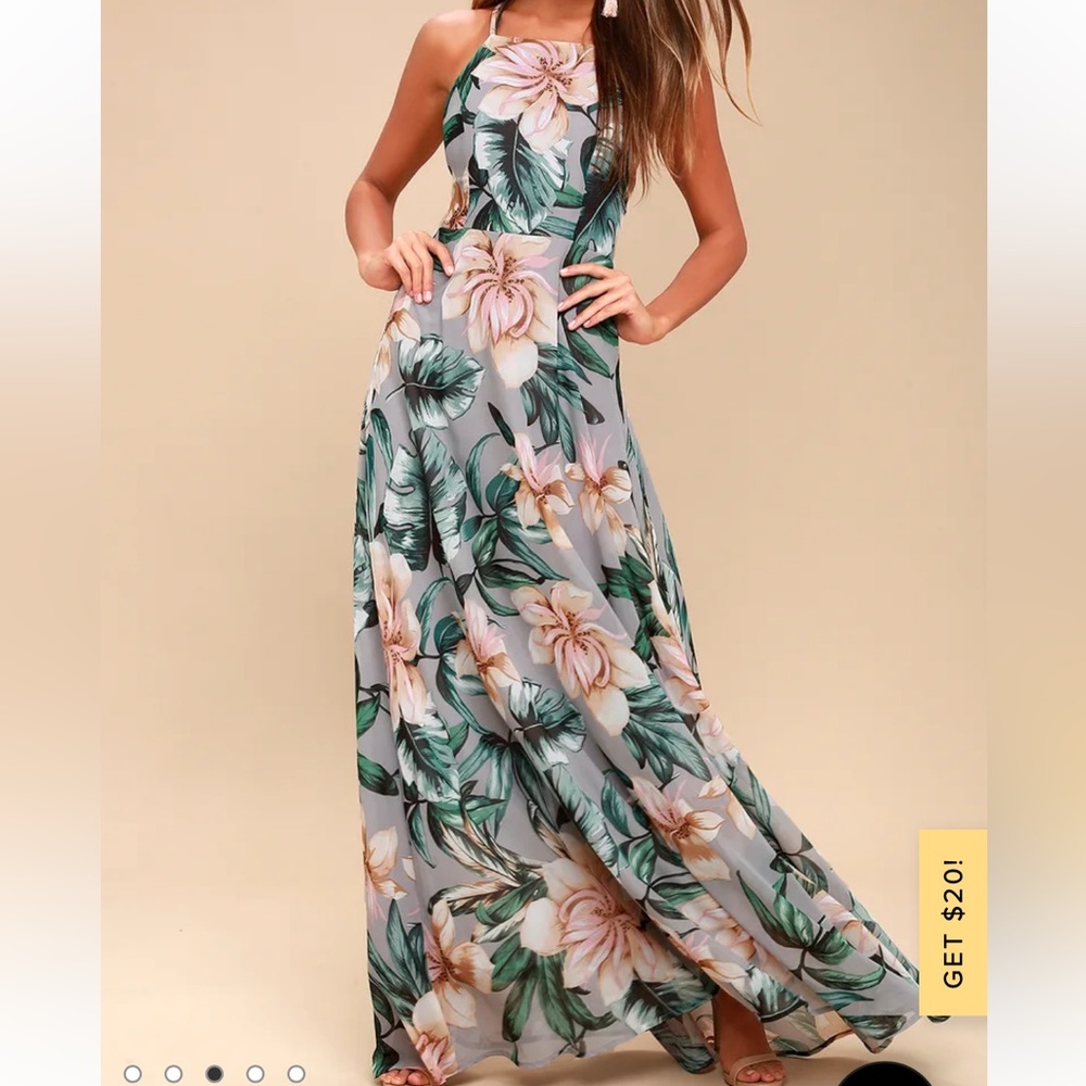 Lulu’s Love Abloom Grey Floral Print Lace-Up Maxi Dress
